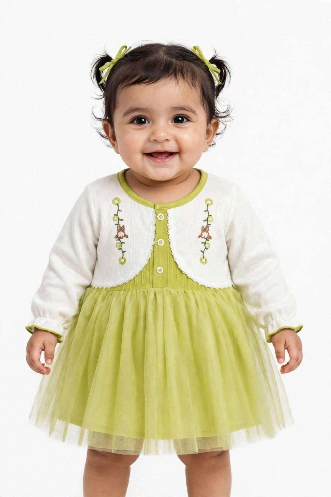 Embroidered Mini Floral Baby Frock - Off White & Green