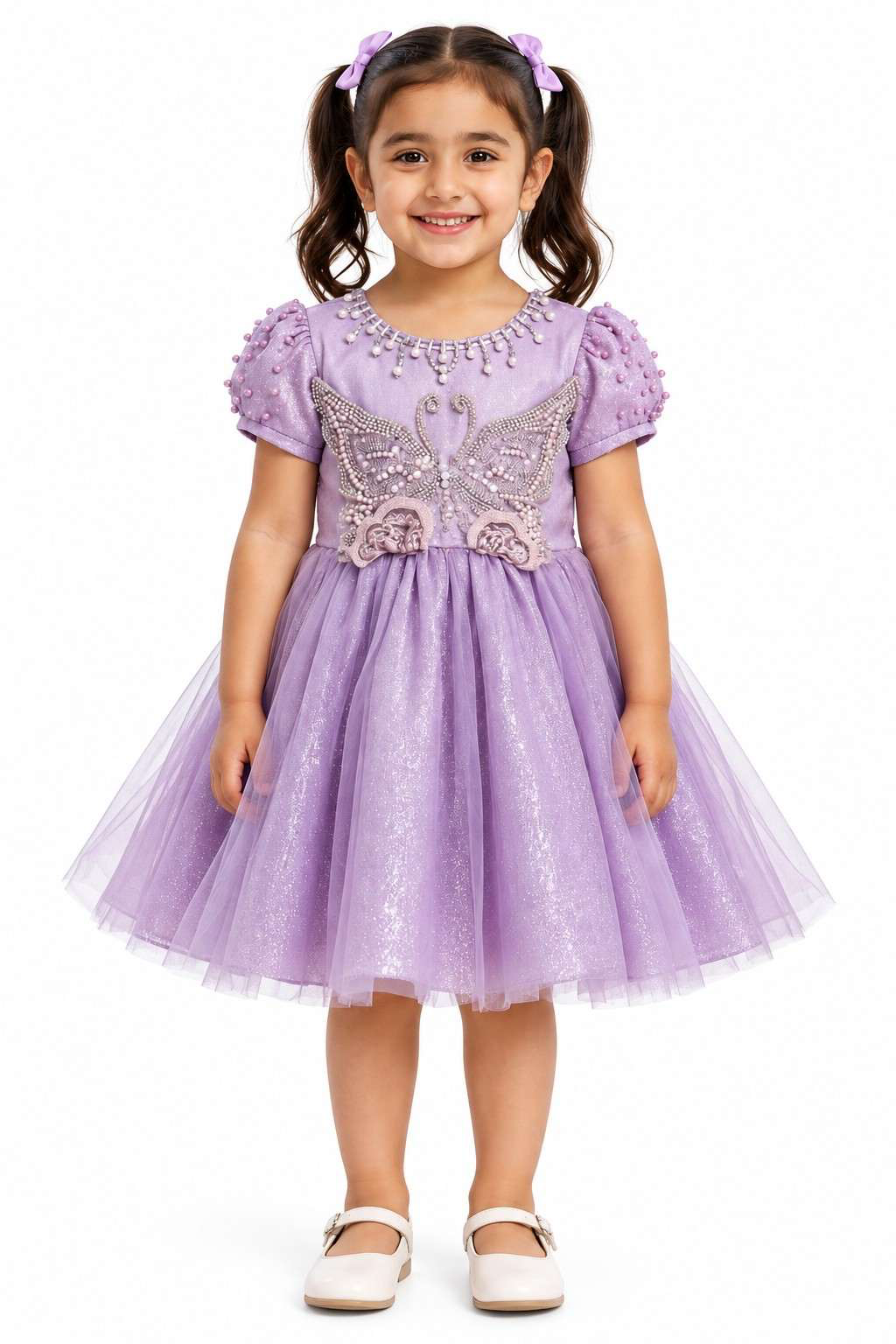 Girls Elegant Shimmering Lilac Pearl Neckline Party Dress - Tee Pink