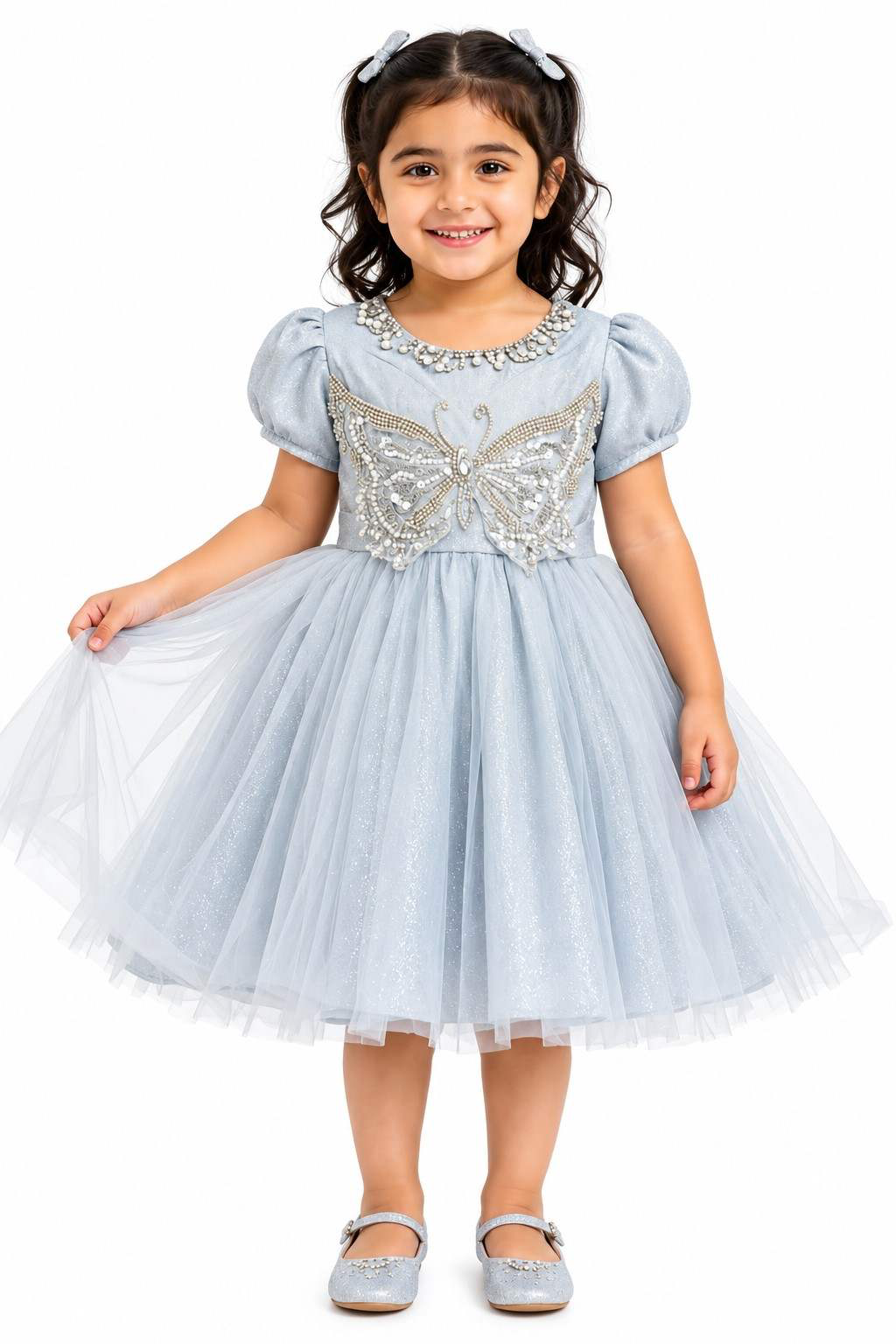 Girls Silver Glitter Net Birthday Party Dress with Butterfly