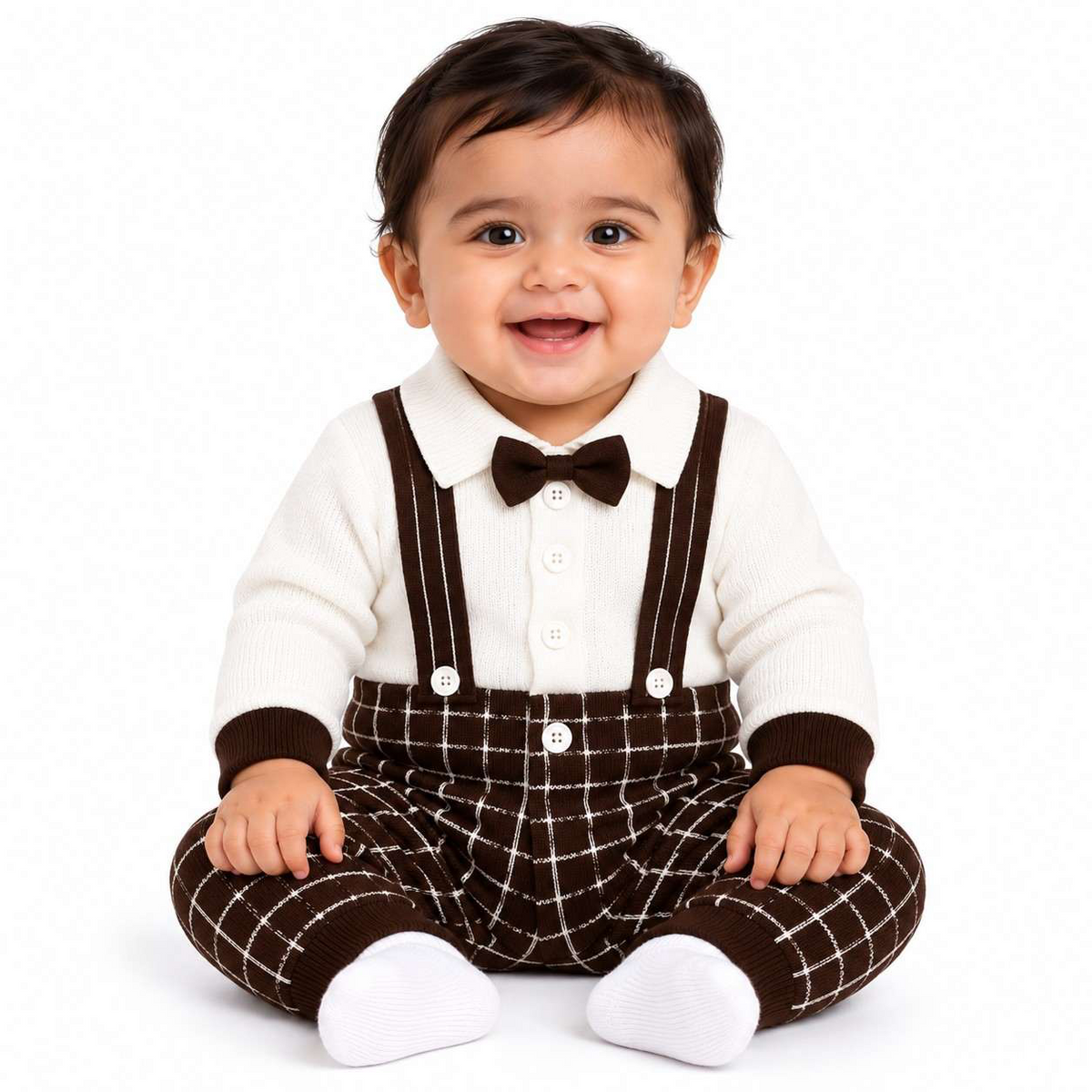 Baby Gentleman Bowtie & Grid Knit Suspender Romper - Off White & Brown