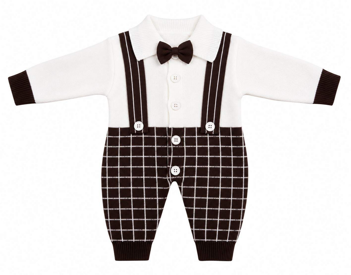 Baby Gentleman Bowtie & Grid Knit Suspender Romper - Off White & Brown