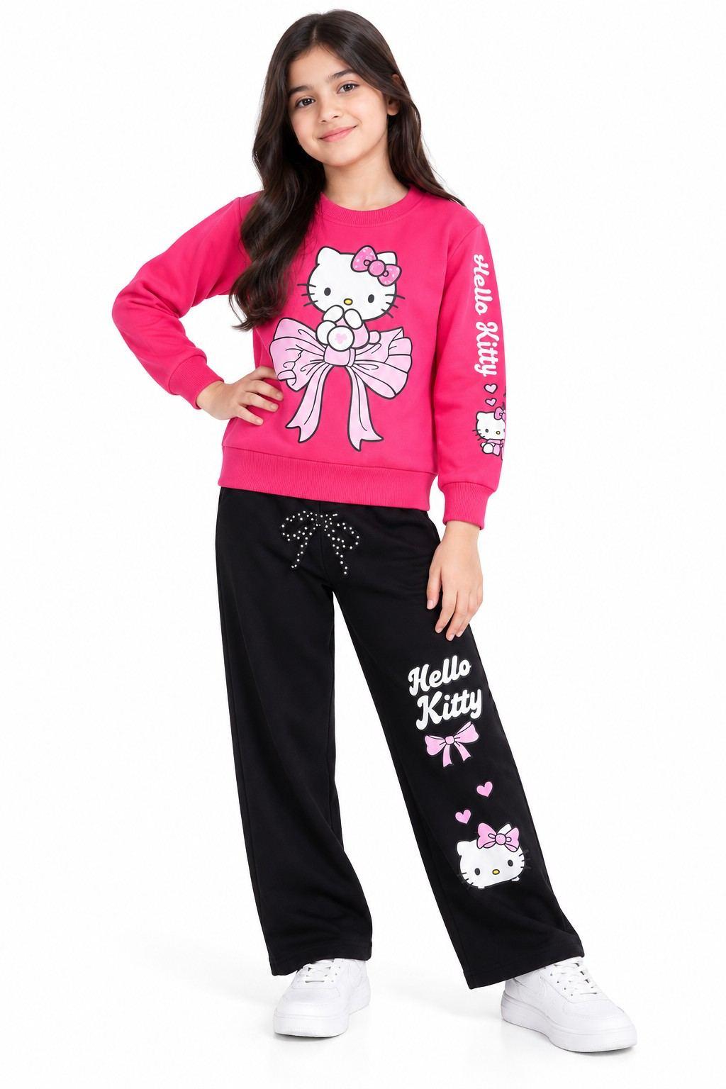 Girls Hello Kitty Bow Fleece Tracksuit -  Pink & Black