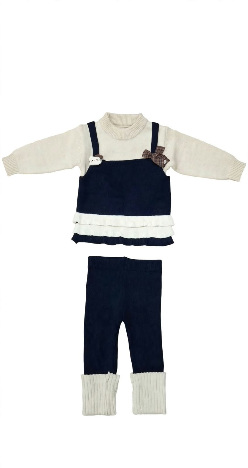 Girls Navy & Cream Layered Knit Top & Leggings Set
