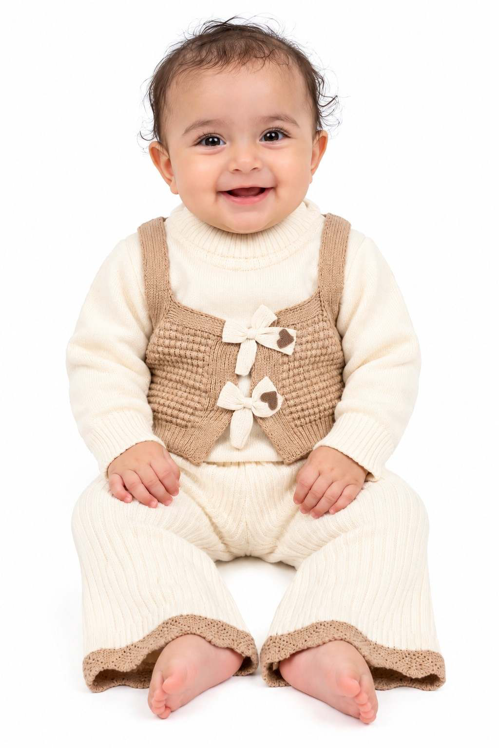 Girls Cream & Beige 3-Piece Knit Vest Sweater Set