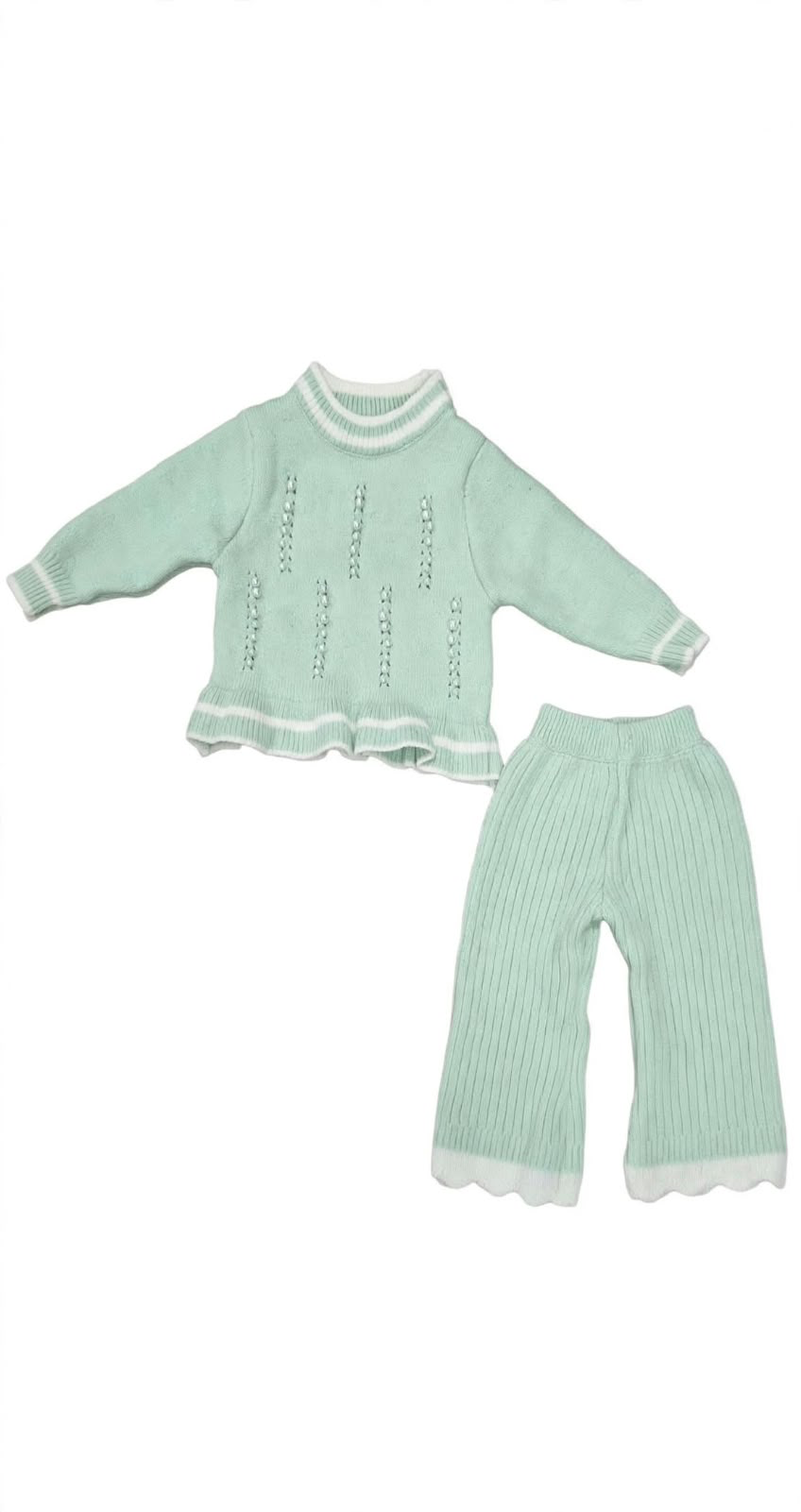 Girls Eyelet Knit Sweater & Scalloped Trouser Set - Mint Green