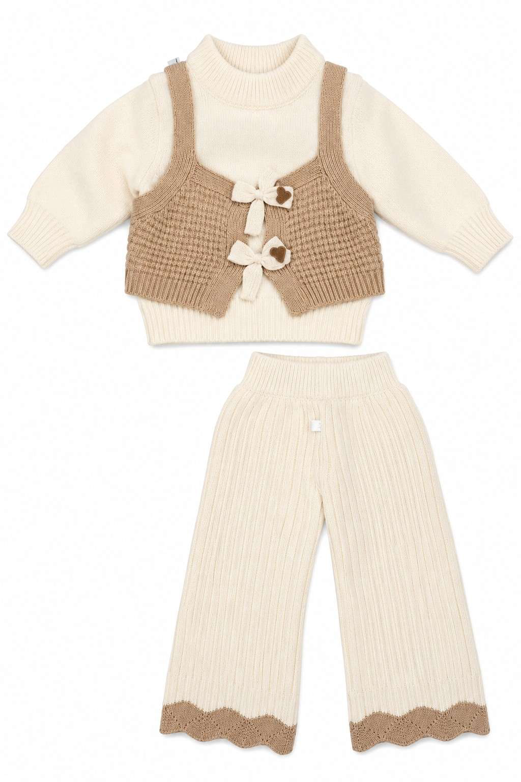 Girls Cream & Beige 3-Piece Knit Vest Sweater Set