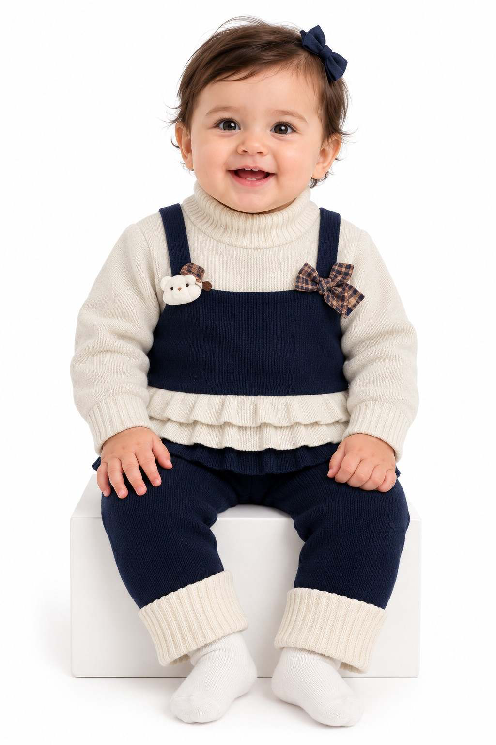 Girls Navy & Cream Layered Knit Top & Leggings Set