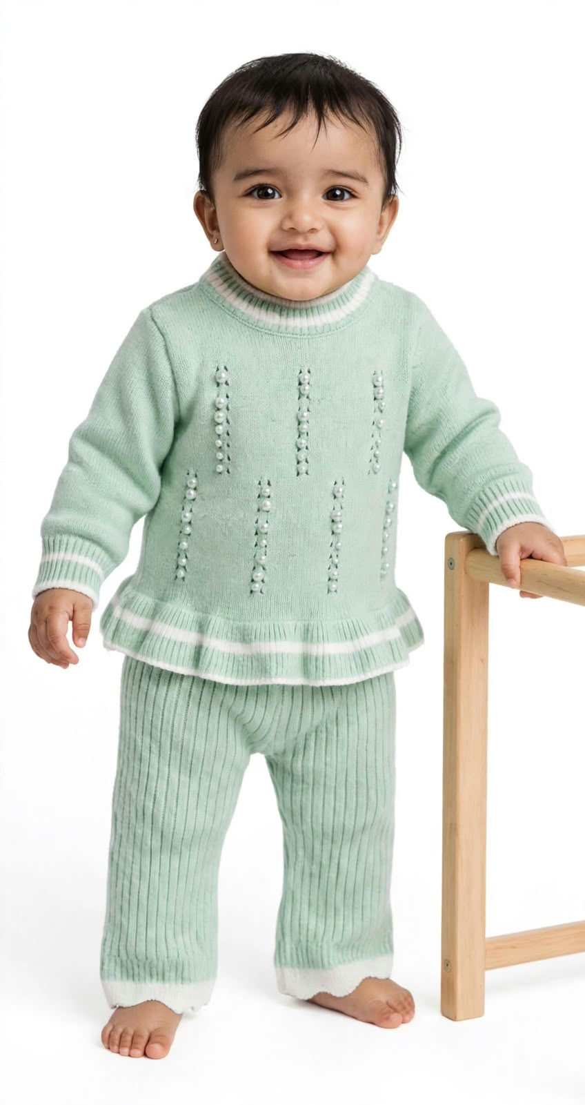 Girls Eyelet Knit Sweater & Scalloped Trouser Set - Mint Green