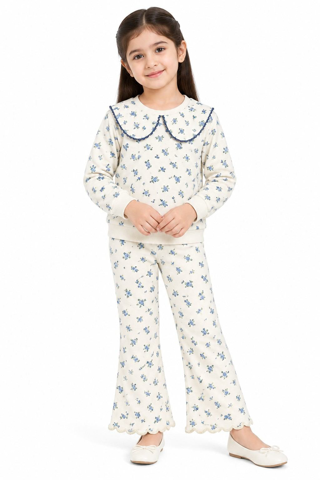 Girls Cream & Blue Floral Print Fleece Top & Trouser - Cream