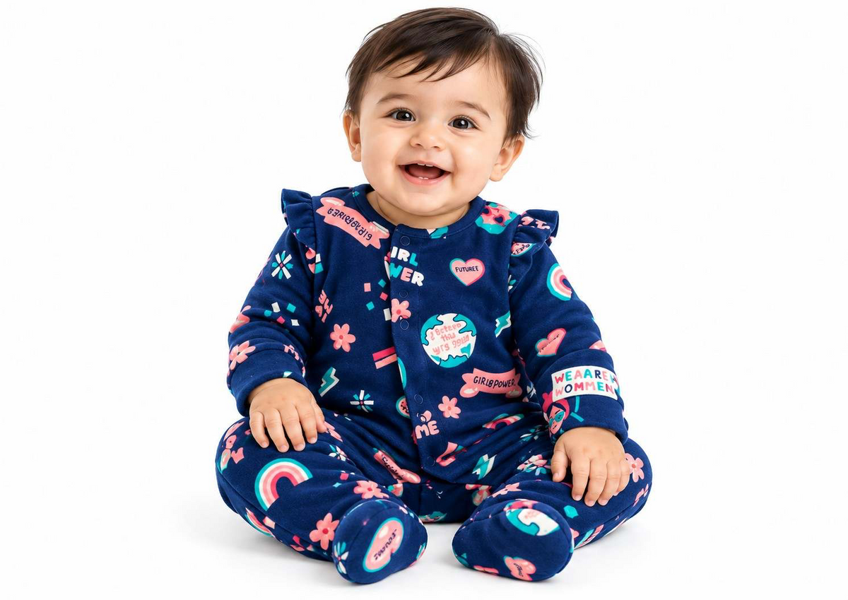 Girl Power Print Footed Romper with Shoulder Ruffles - Navy Blue