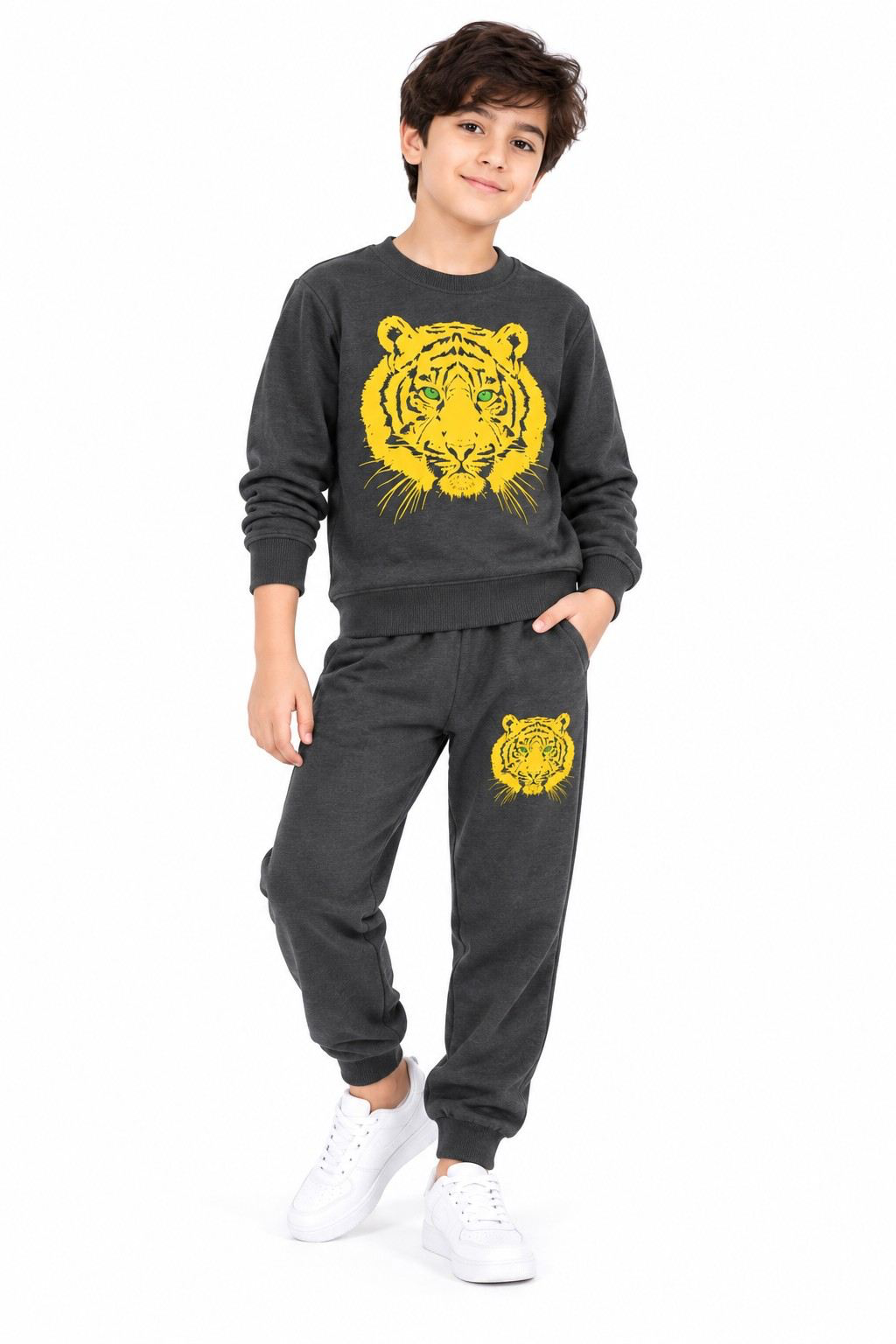 Boys Golden Tiger Print Fleece Tracksuit - Charcoal