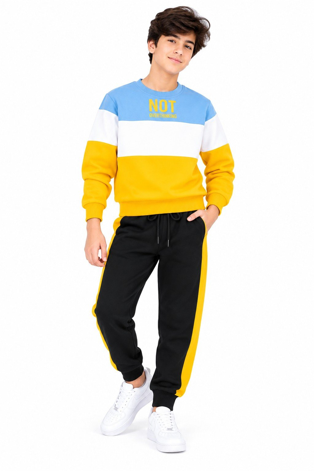 Three Penal Not Interested  Fleece Tracksuit - Sky Blue White & Mustard Black