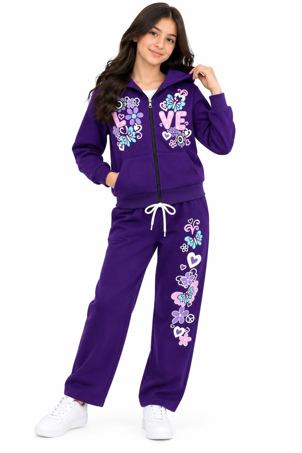 Girls Butterfly & Floral Hoodie Fleece Tracksuit - Purple
