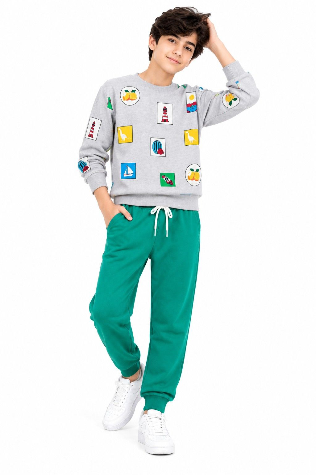 All-Over Mini Printed Fleece Tracksuit - Grey & Green