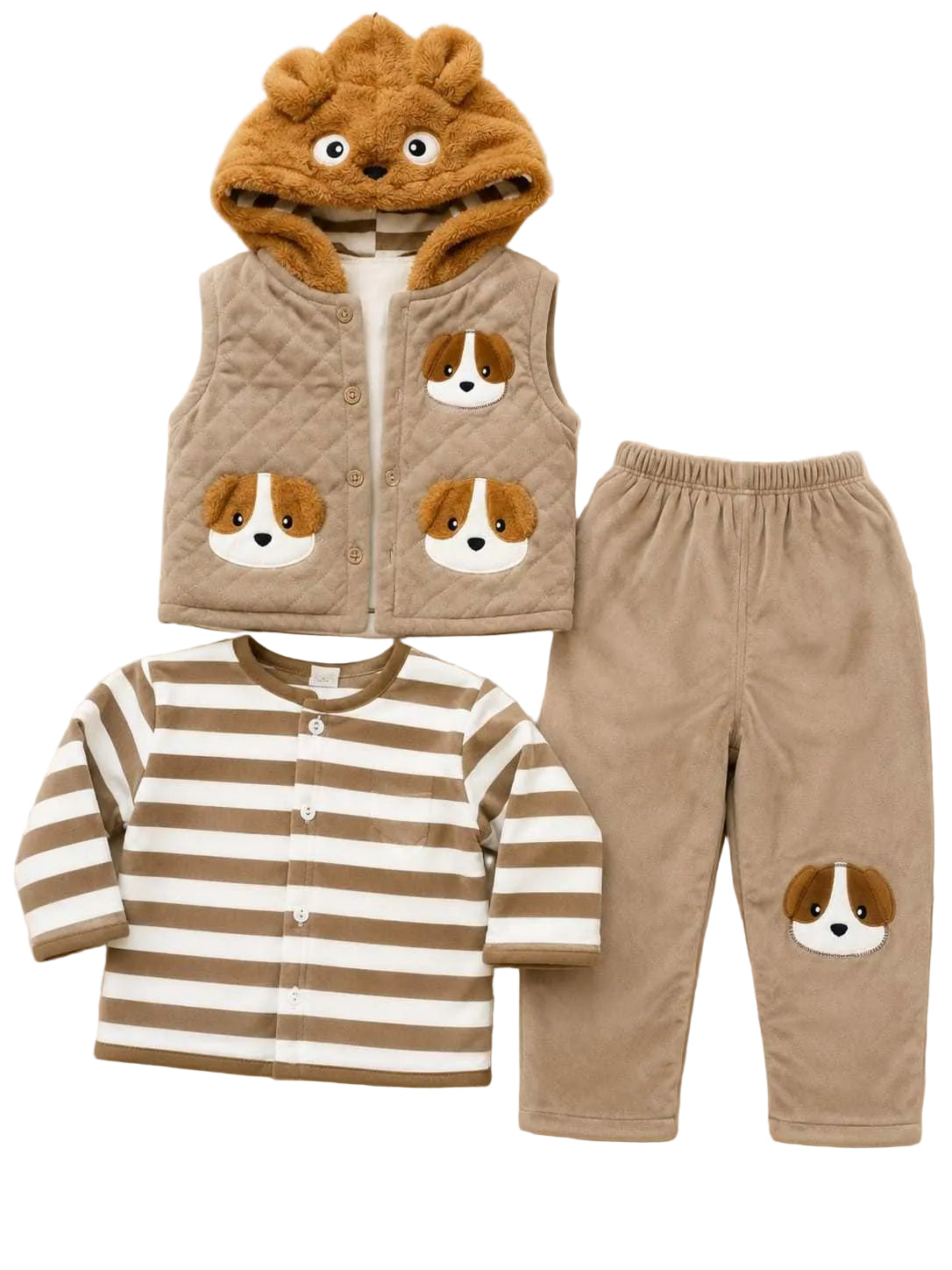 Infant 3-Piece Brown & White Striped Playwear Set with Puppy Motifs