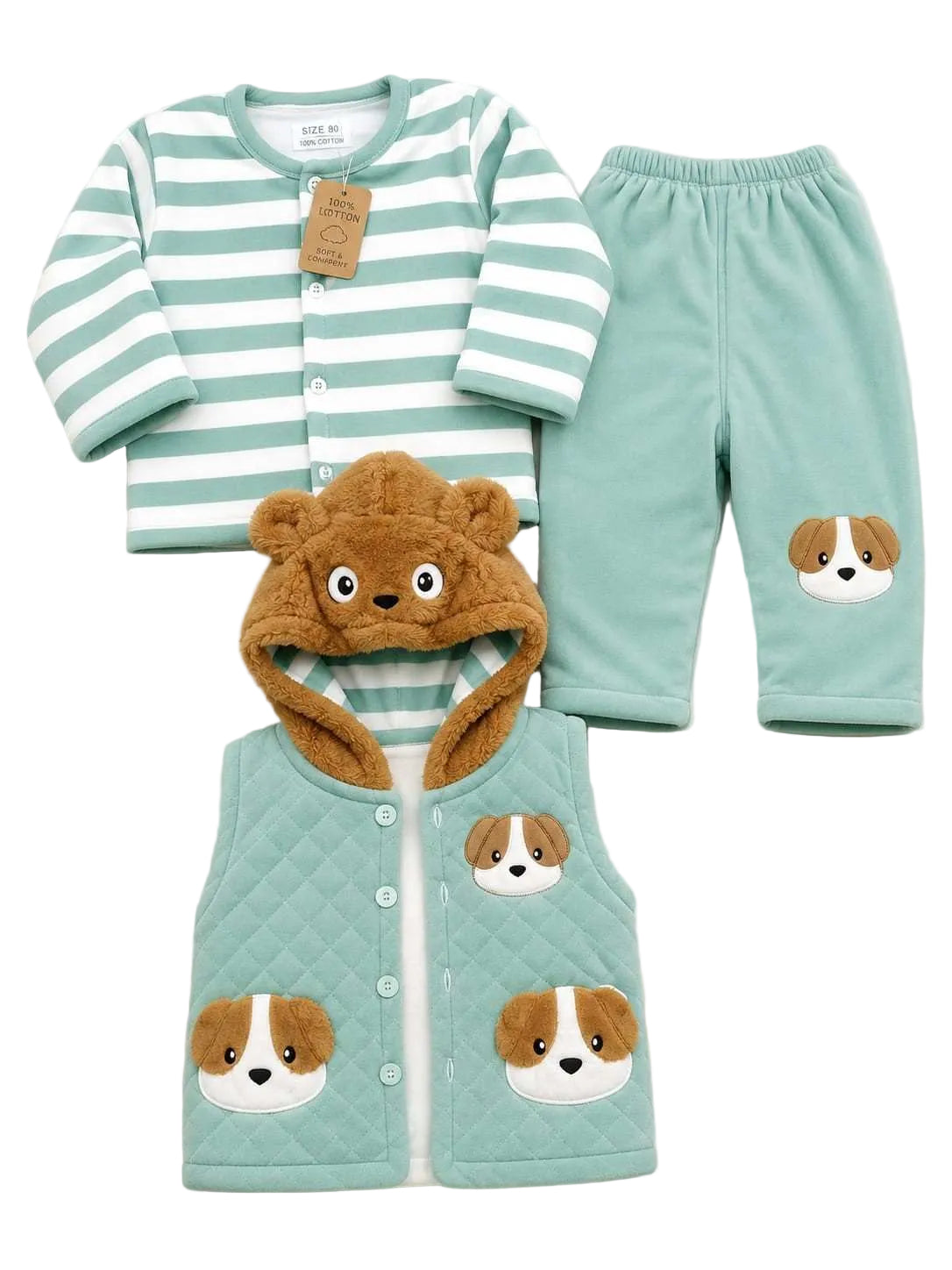 Infant 3-Piece Sea gree & White Striped Playwear Set with Puppy Motifs