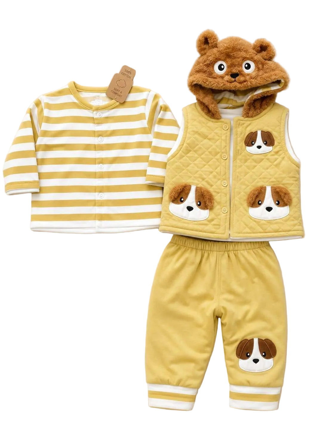 Infant 3-Piece Yellow & White Striped Playwear Set with Puppy Motifs