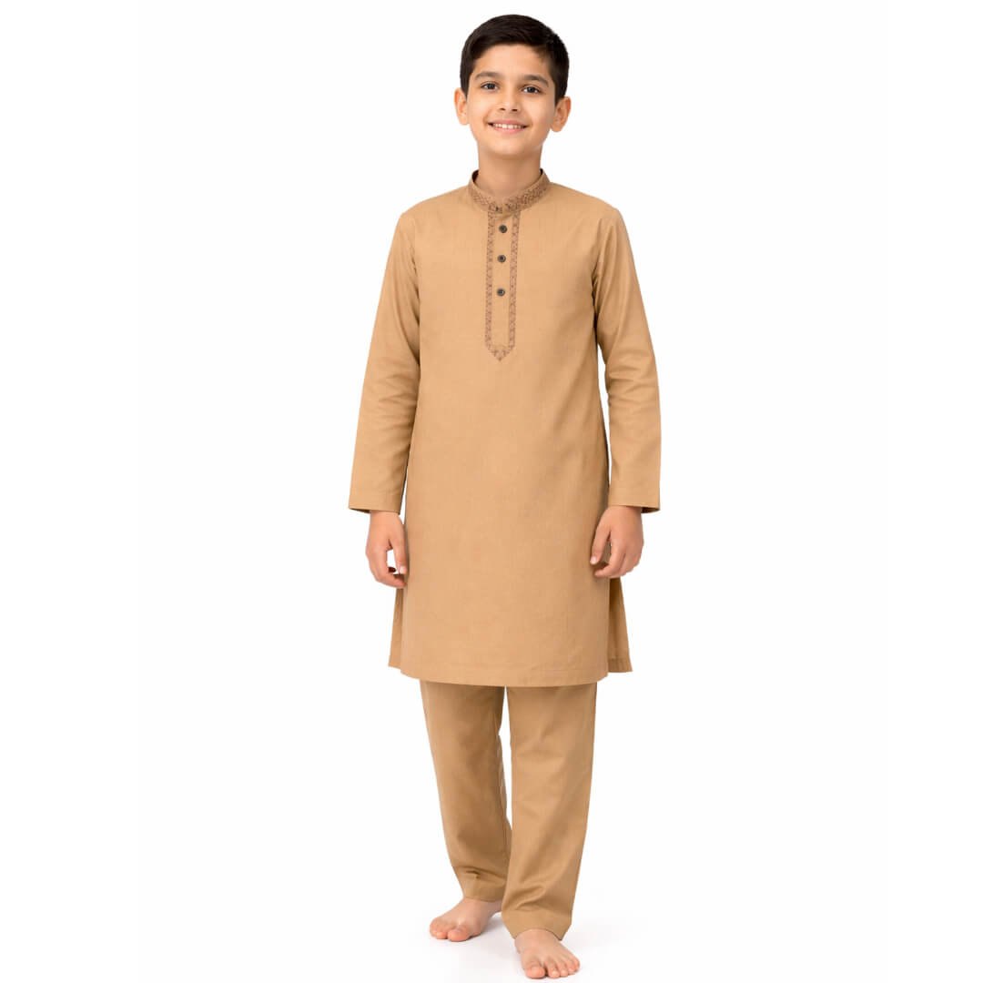 Front Stylish Embroidery Cotton Kurta &amp; Trouser Set – Camel