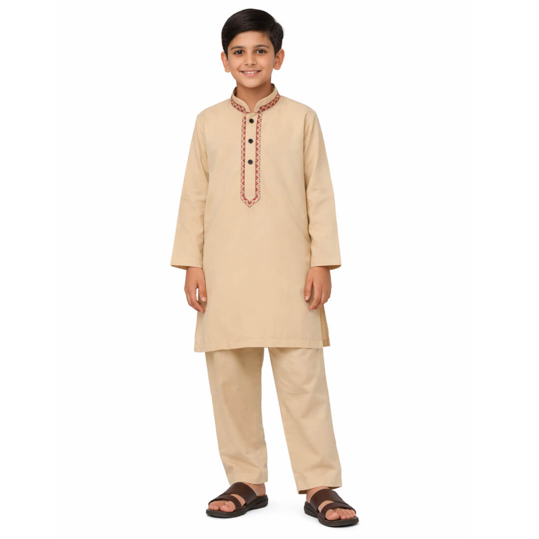 Stylish Red Embroidery Cotton Kurta &amp; Trouser Set – Light Brown