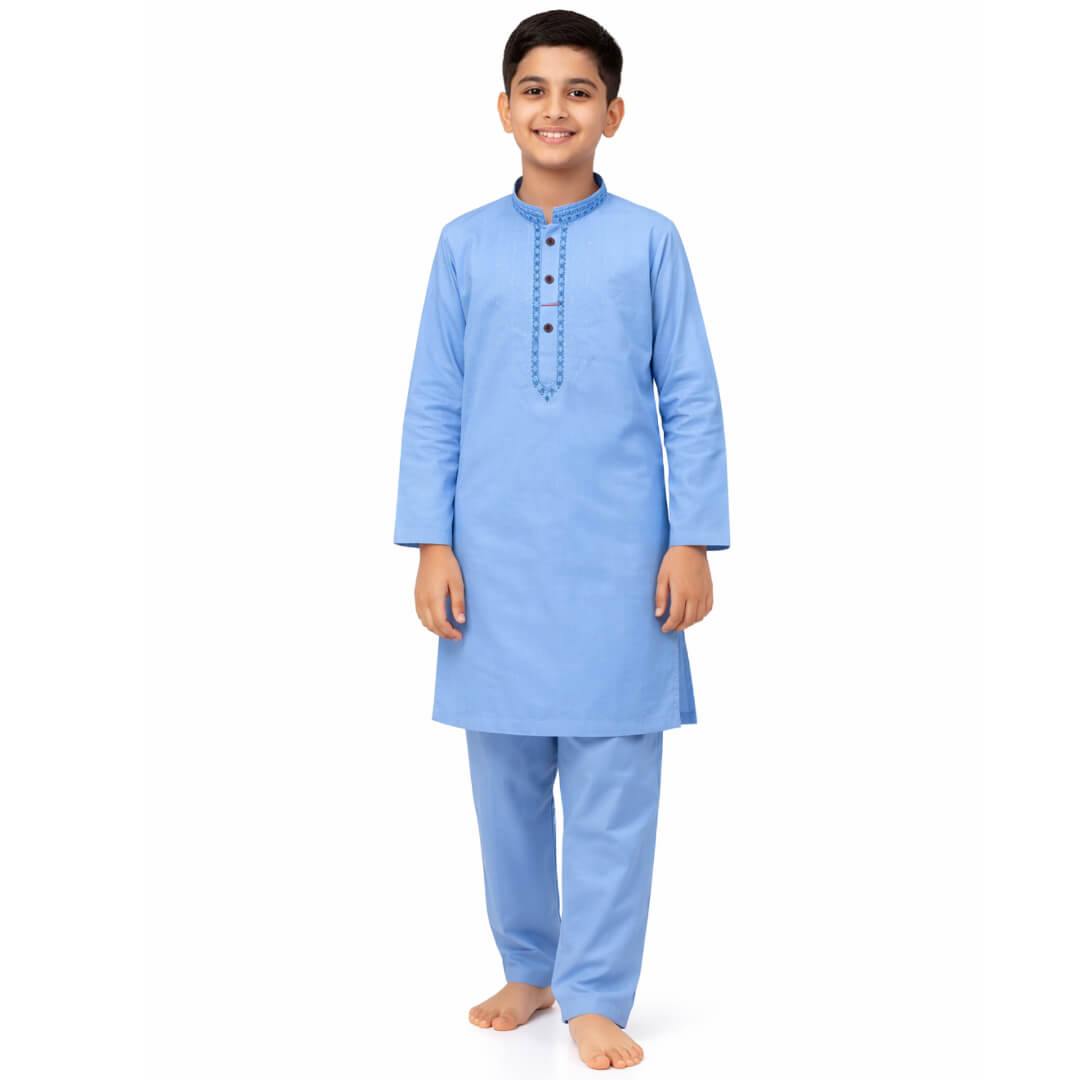 Stylish Front Embroidery Cotton Kurta &amp; Trouser Set – Sky Blue