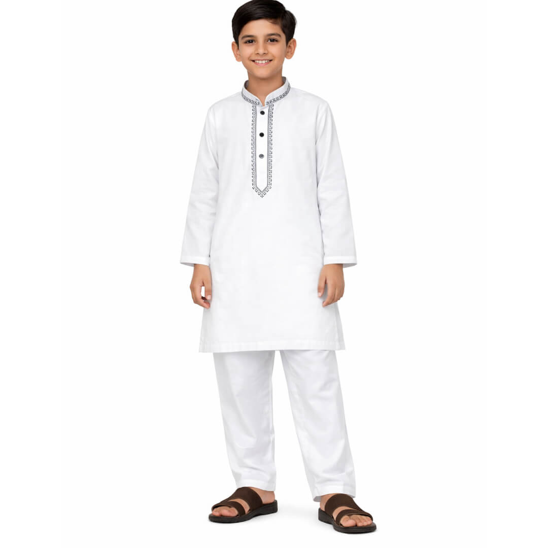 Floral Embroidery Cotton Kurta &amp; Trouser Set – Off White