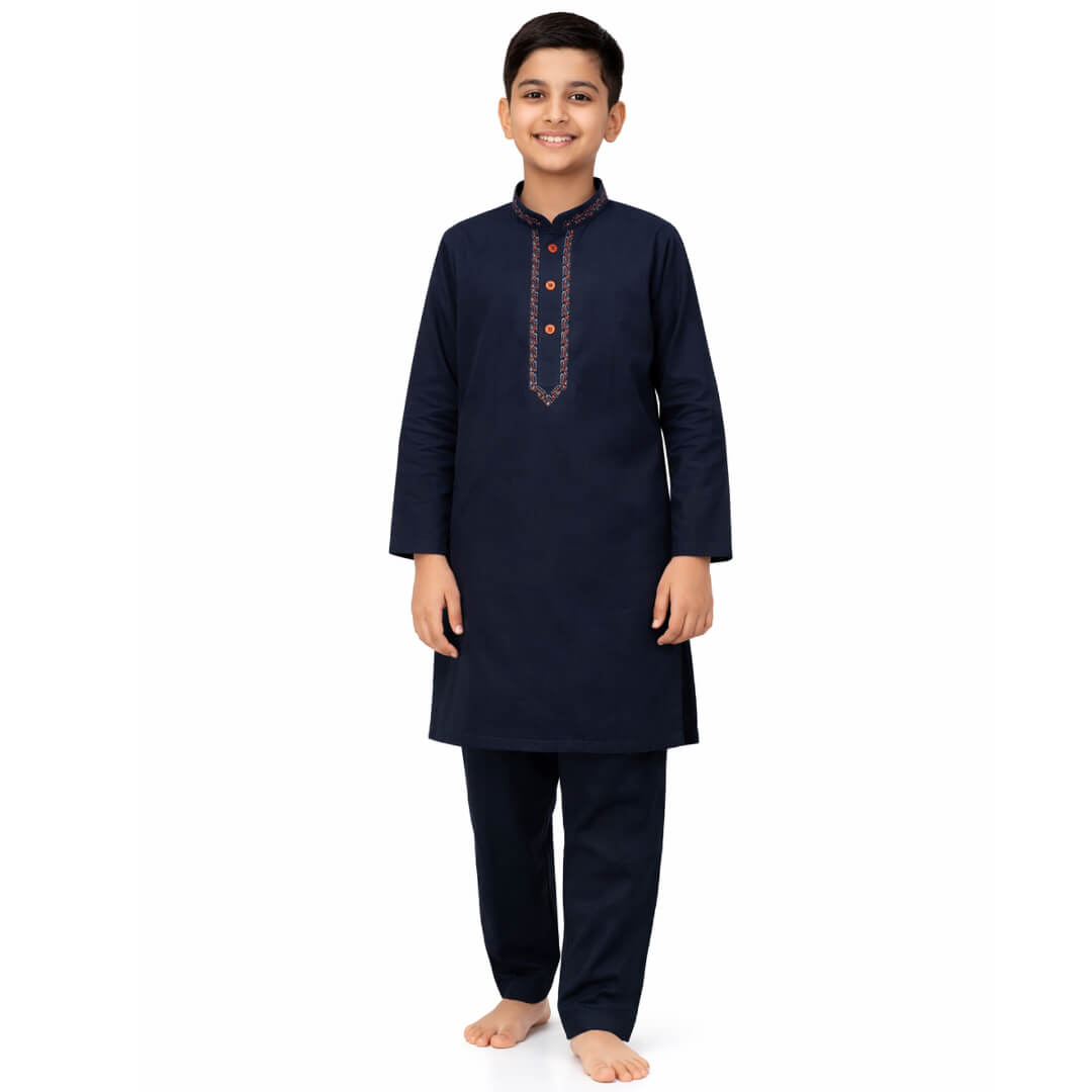 Golden  Stylish Embroidery Cotton Kurta &amp; Trouser Set – Navy Blue