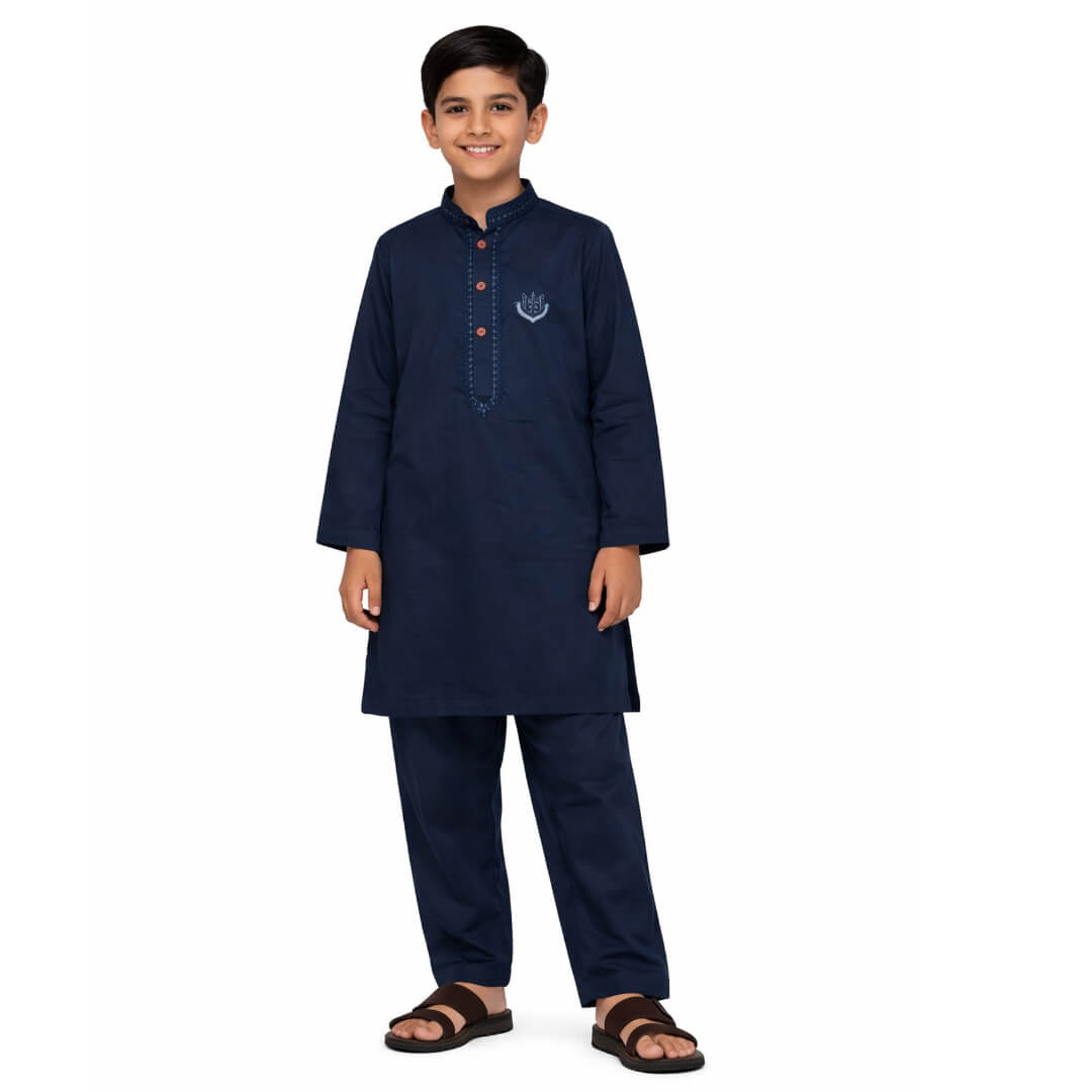 Embroidered BATCH Cotton Kurta &amp; Trouser Set – Navy Blue