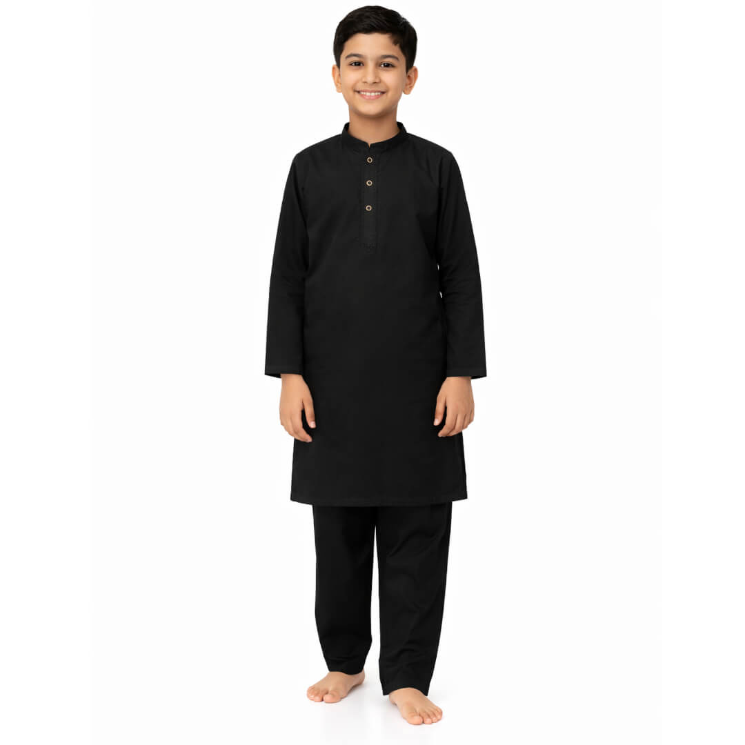 Black Embroidered Cotton Kurta &amp; Trouser Set – Black