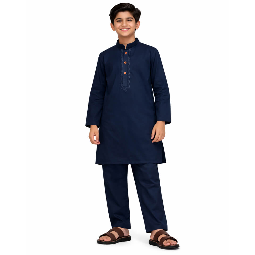 Unique Embroidered Cotton Kurta &amp; Trouser Set – Navy Blue