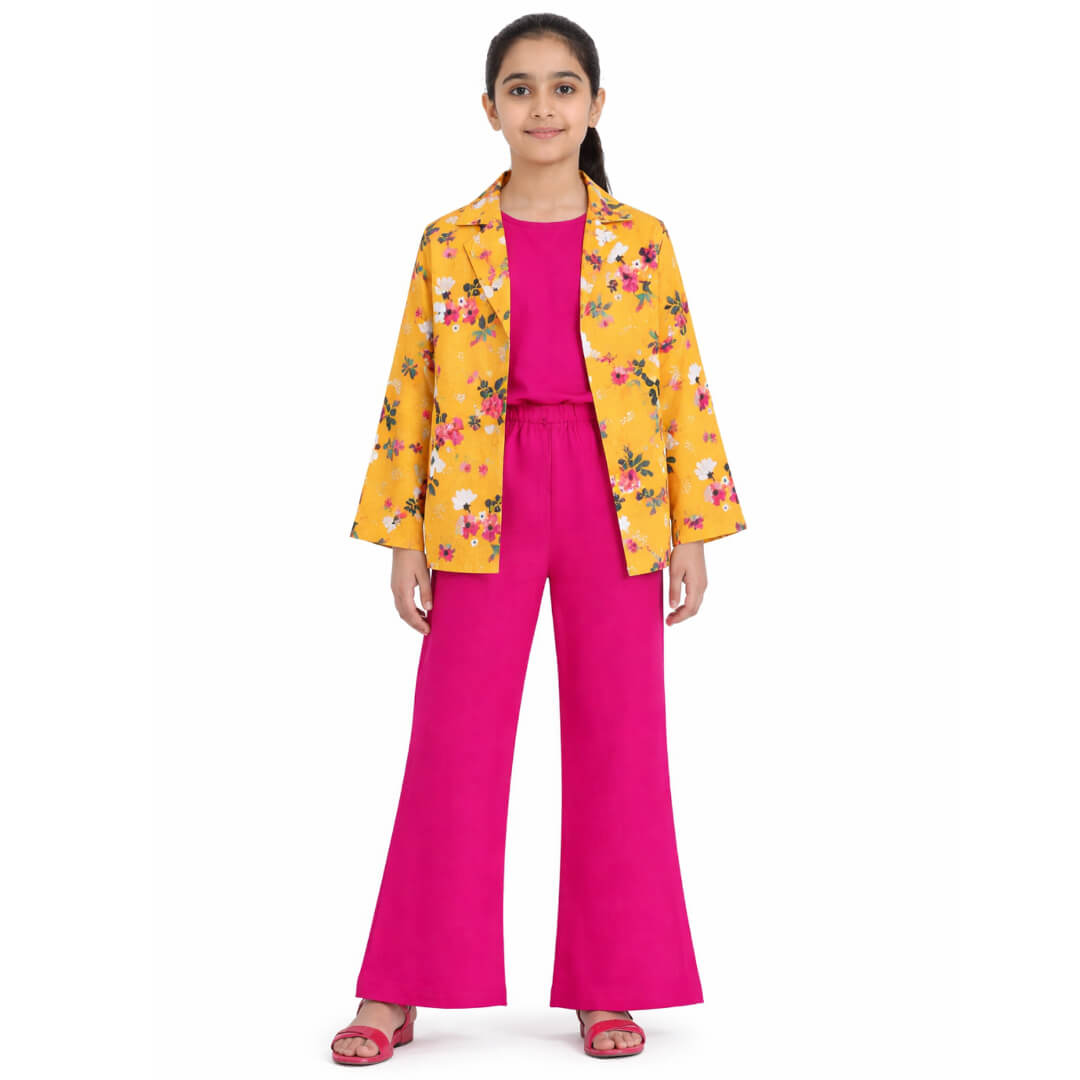 White &amp; Pink Florals 3pc Cotton Suit - Mustard &amp; Shocking Pink