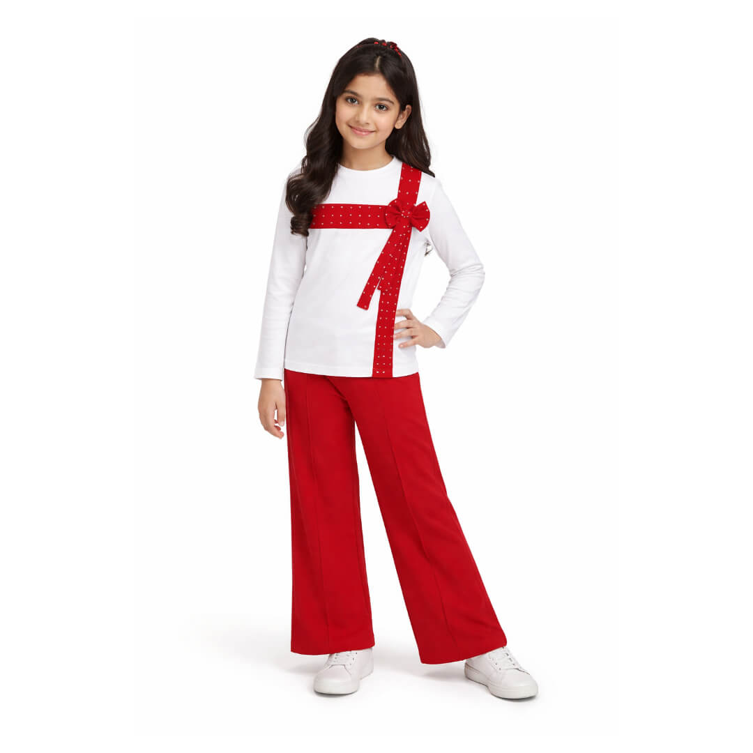 Red Bow With Ribbon Sequin Work Full Shirt & Flapper Trouser - Whi ...