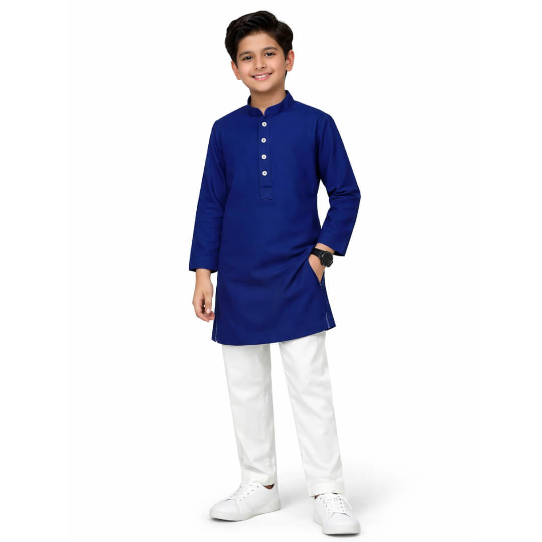 Classy Modern Cotton Kurta &amp; White Trouser Set – Navy Blue