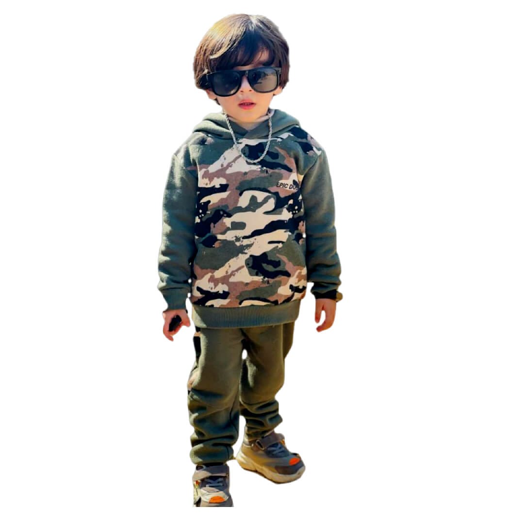 Olive Green Camouflaged Style Hoody Fleece Tracksuit