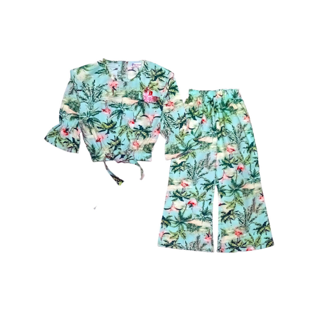 Beach Tree Woven Short Top with Bell Bottom Trouser - Sea Green