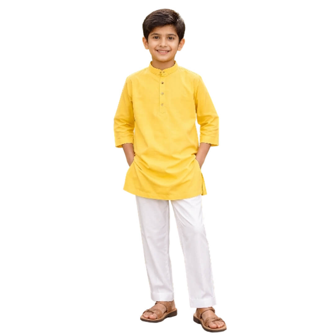 Classic Modern Cotton Kurta &amp; White Trouser Set – Yellow