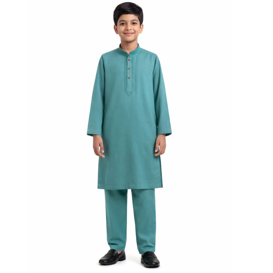 Embroided Cotton Kurta &amp; Trouser Set – Green