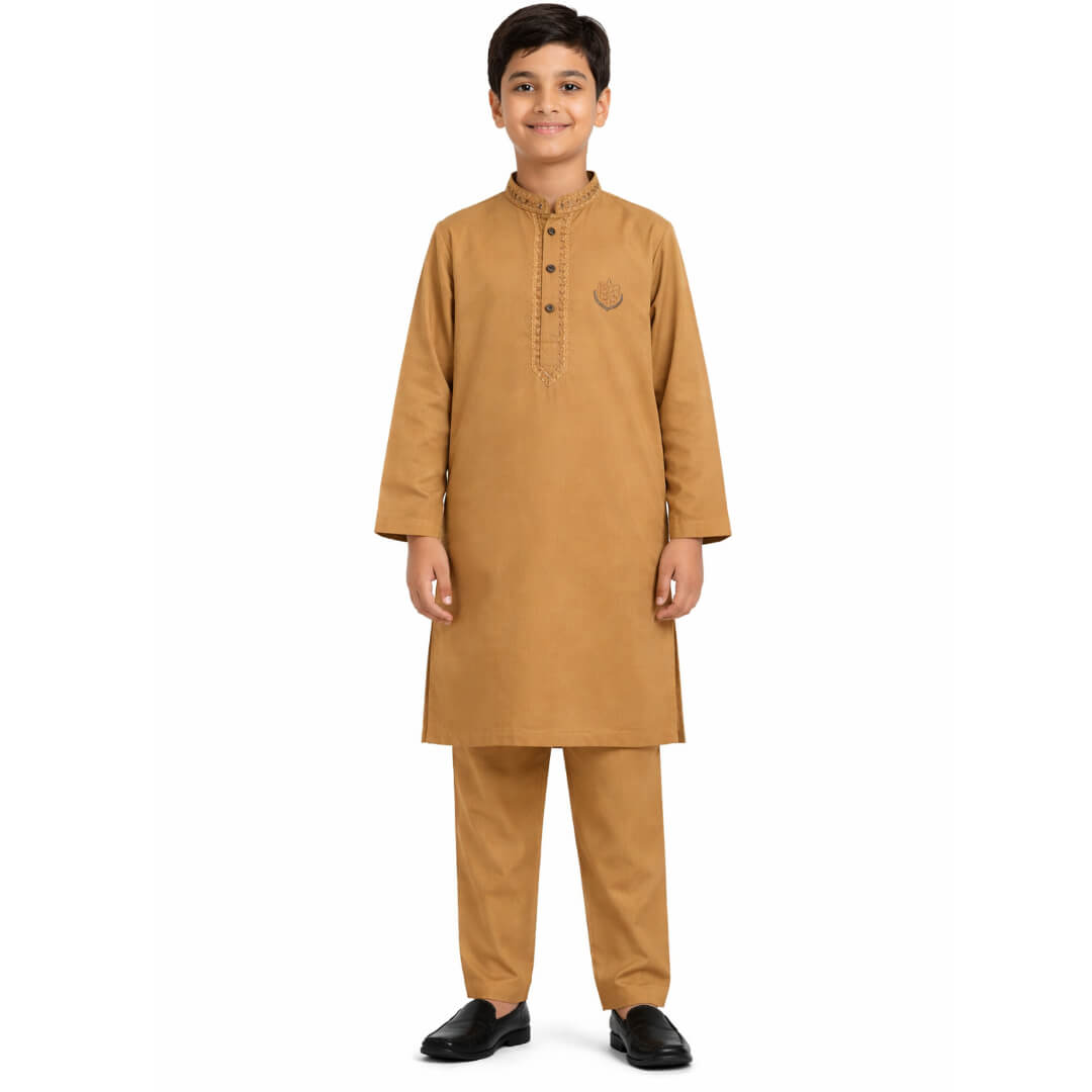 Embroidered Batch Cotton Kurta &amp; Trouser Set – Brown