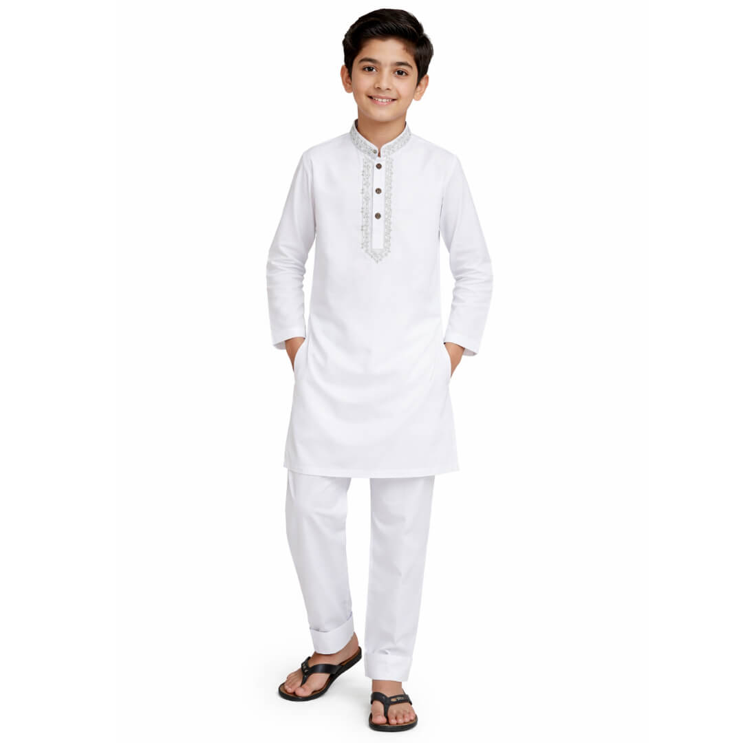 Full Embroidered Stylish Cotton Kurta &amp; Trouser Set – White