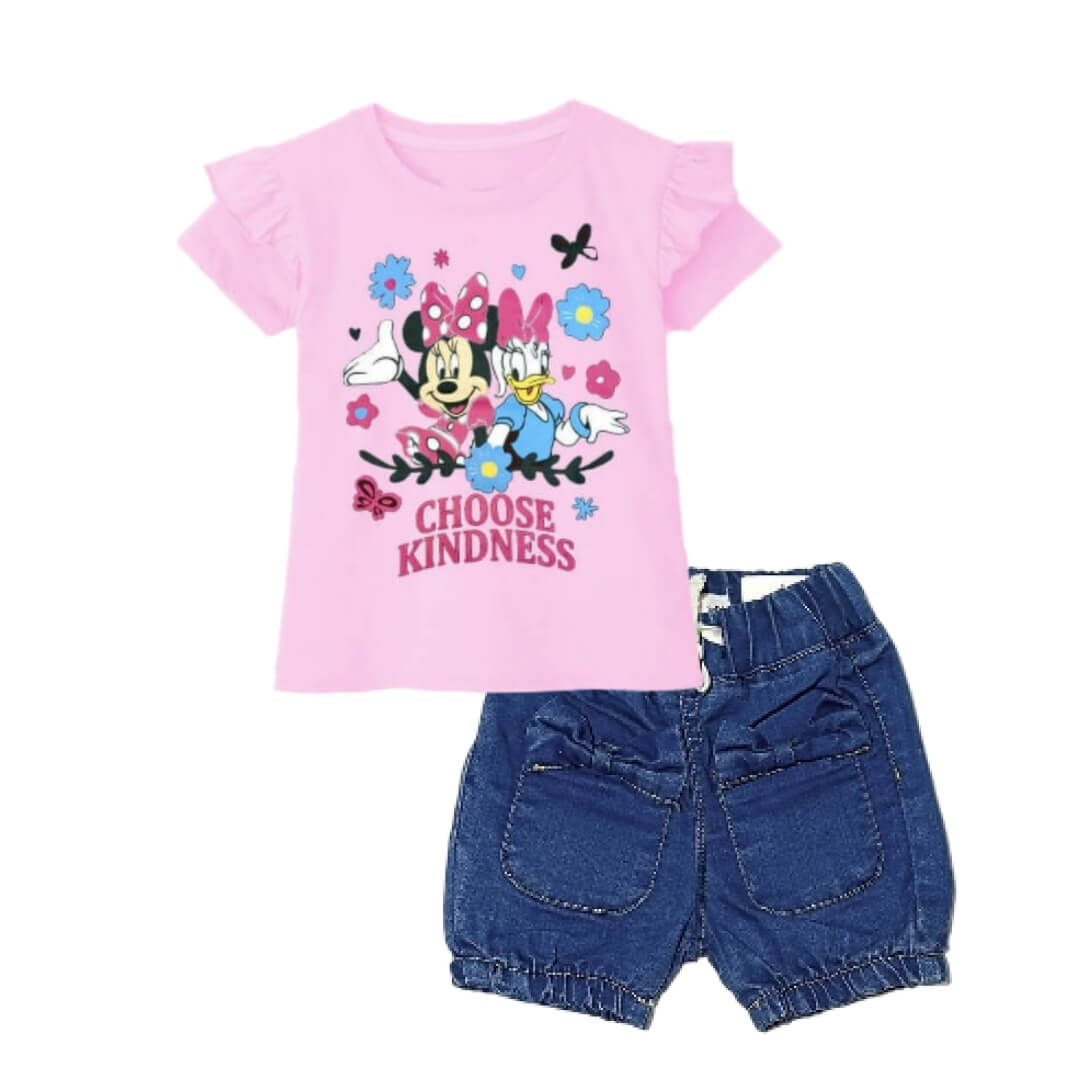 Choose KINDNESS Frill Half Sleeve T Shirt Pink - Front Pocket Bow Style Denim Short Mid Blue