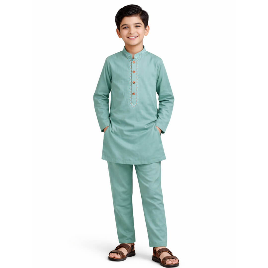 Stylish Embroidery Cotton Kurta &amp; Trouser Set – Light Green