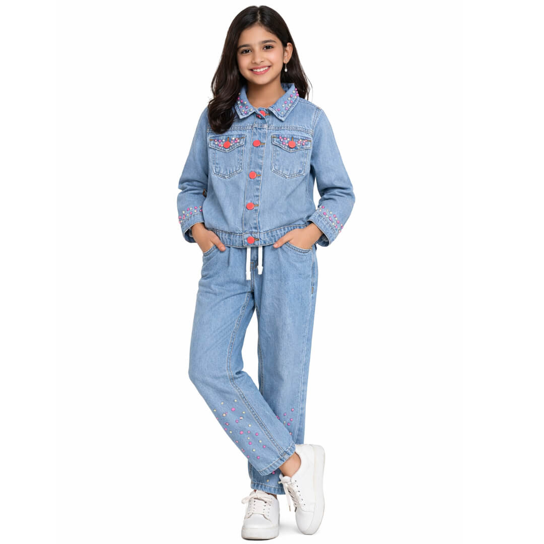 Classic Pearls Fashion Denim Jacket & Pant - Sky Blue