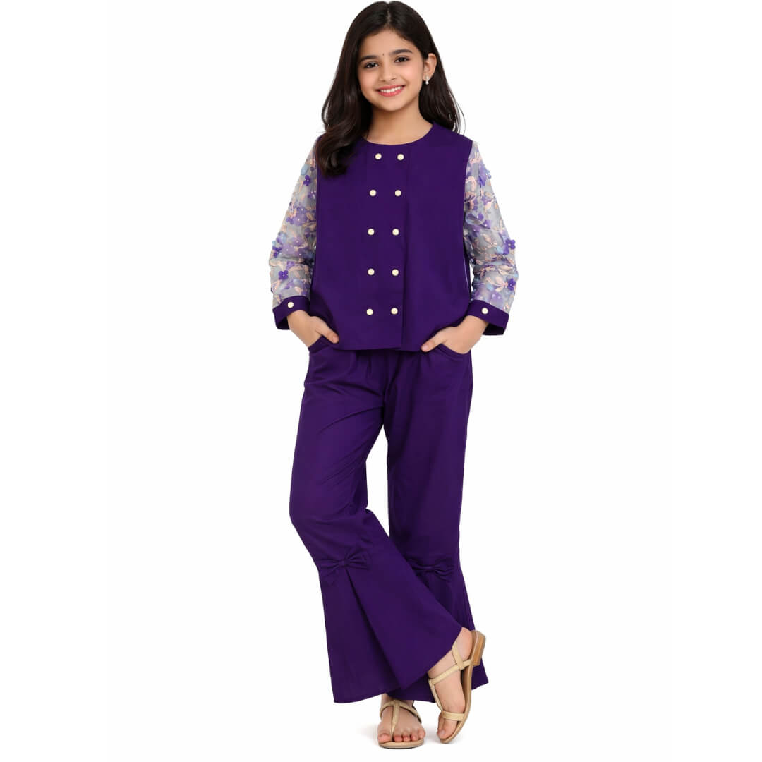 Stylish Net Sleeve Flowers Cotton outfit with flared pants–Dark Purple