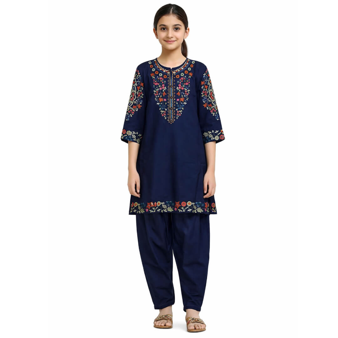 Preety Florals Embroiderd Cotton Kameez &amp; Trouser - Navy Blue