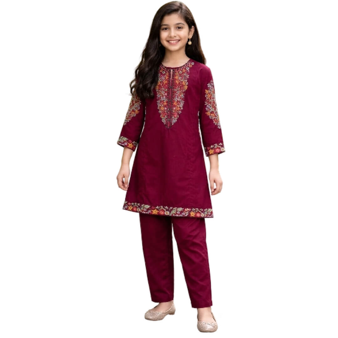 Classic Floral Embroiderd Cotton Kameez with Trouser - Burgundy