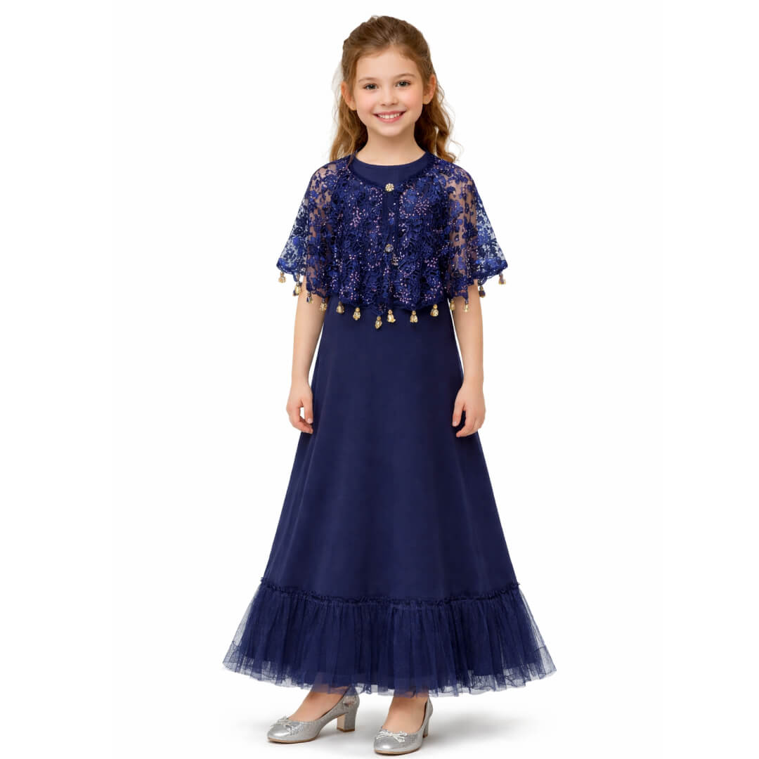 Fency Net Flower Printed Kaftan with Maxi – Navy Blue