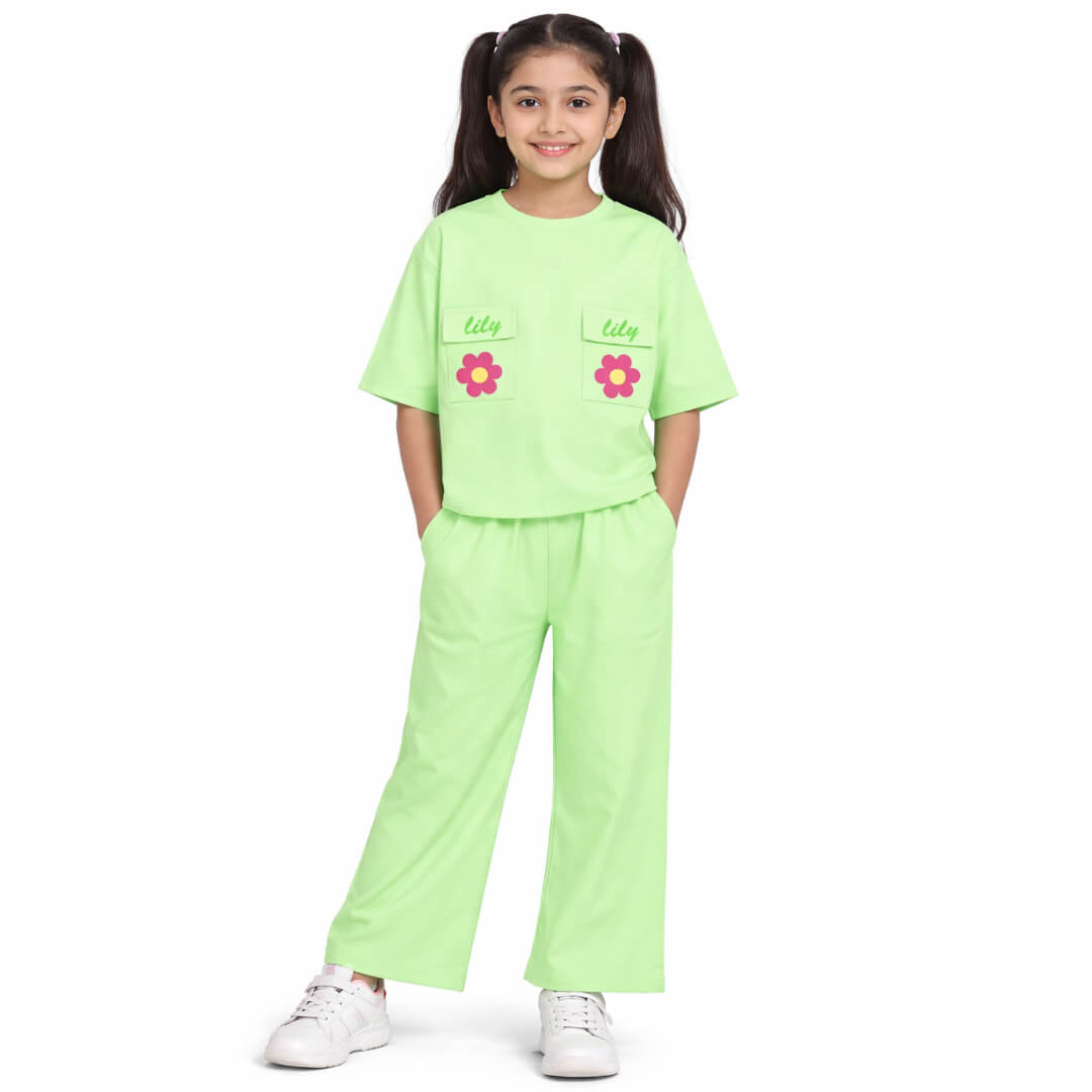Lilly Flowers Double Flap Pocket Shirt &amp; Bottom Cut Flare Trouser Pistachio Green