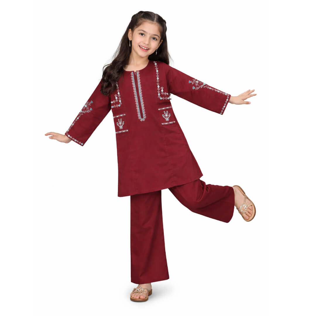 Front Pockets Graceful Sequins &amp; Embroidery Khaddar Kurta &amp; Trouser – Maroon