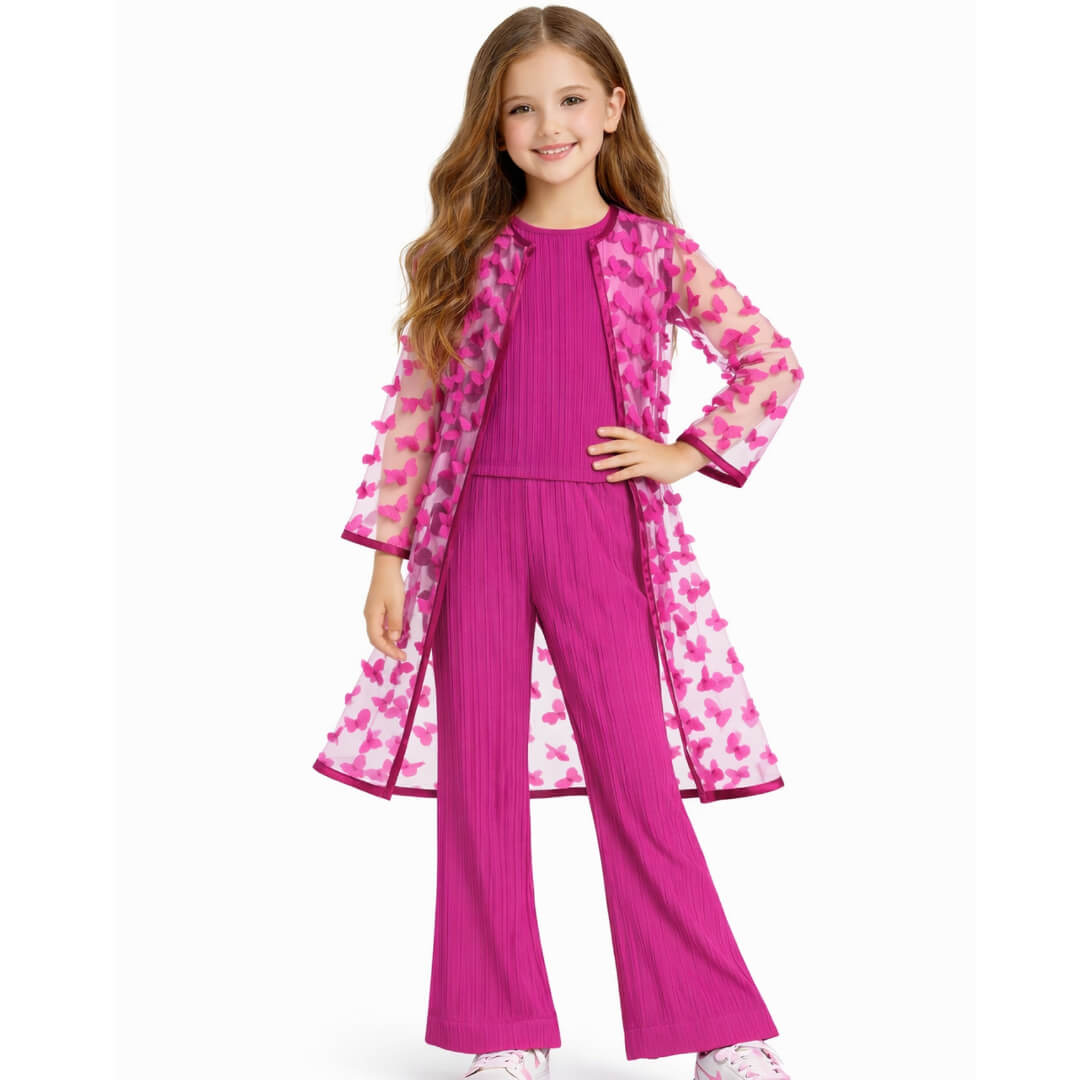 3d Flowers Net Top with Flared Pants &amp; Shrug Set-Shocking Pink