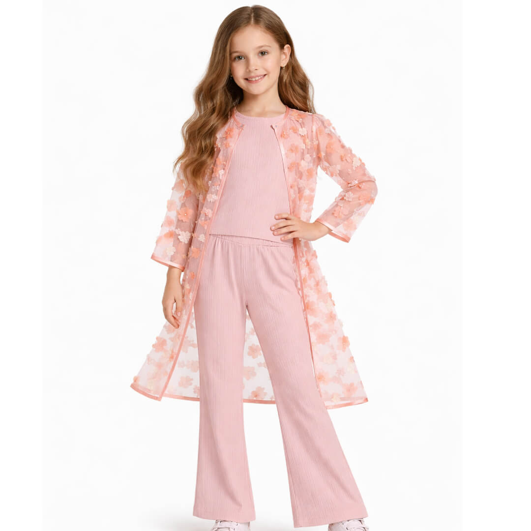 3d Flowers Net Top with Flared Pants &amp; Shrug Set Pink