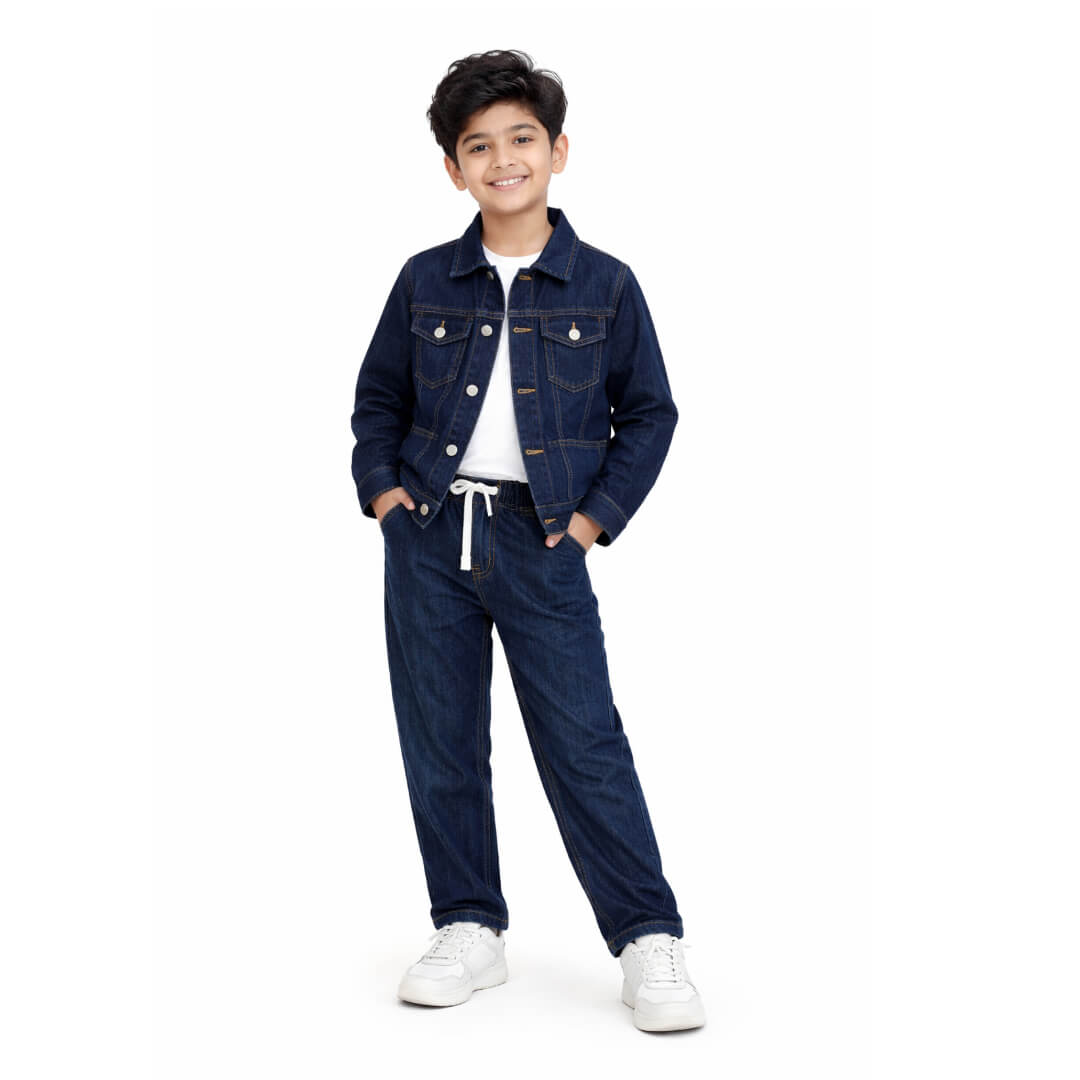 Front Pocket Stylish Boys' Denim Jacket and Elastic Waist Jeans Set - Dark Blue